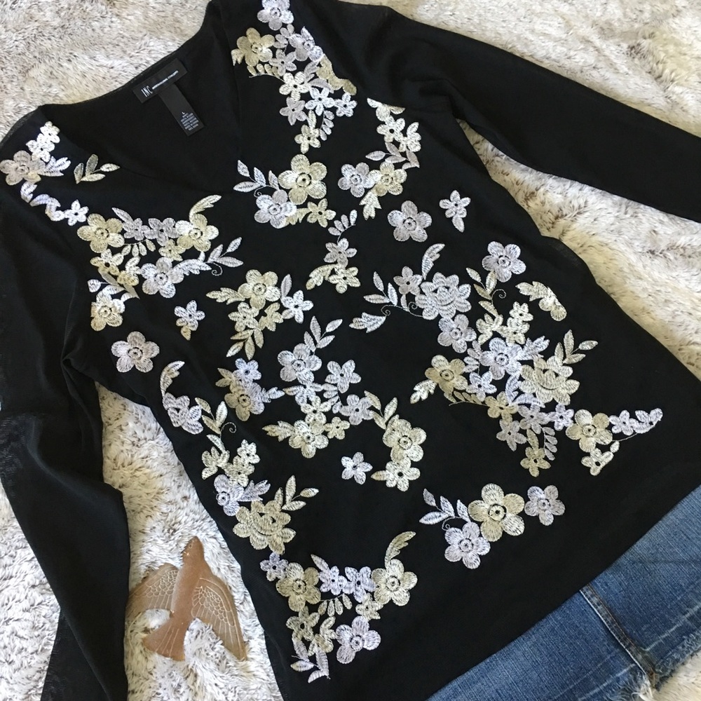 INC Black With White Floral Embroidery Size Large